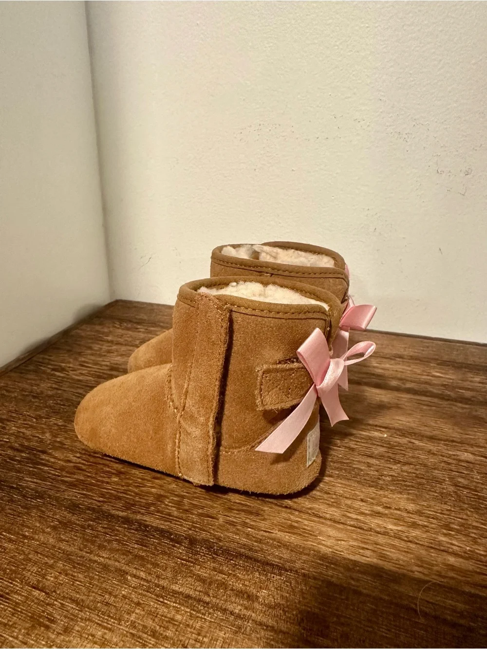 UGG Baby Chestnut Suede Booties with Pink Ribbon Accents, 2-3